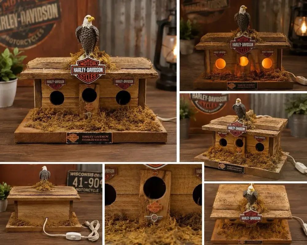 Harley-Davidson Rustic Lighted Birdhouse Cabin Decor Eagle Wood Display